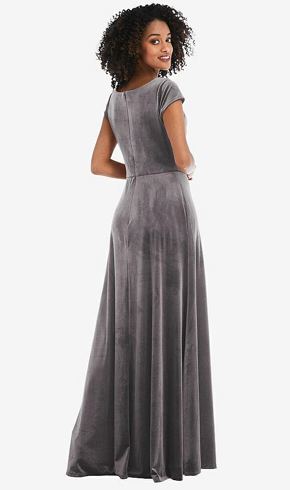 Back View - Caviar Gray Cowl-Neck Cap Sleeve Velvet Maxi Dress with Pockets