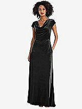 Front View Thumbnail - Black Cowl-Neck Cap Sleeve Velvet Maxi Dress with Pockets
