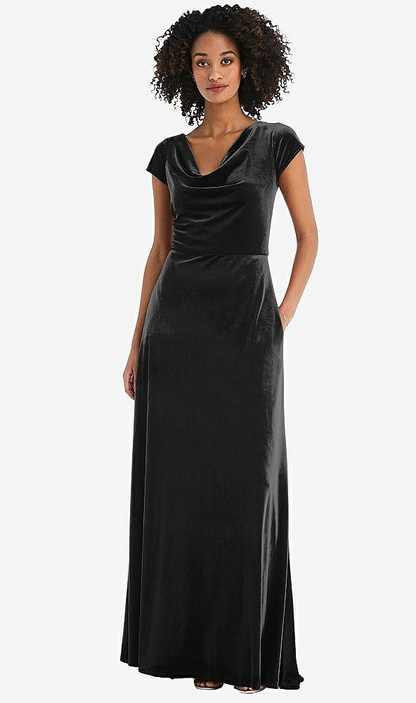 Front View - Black Cowl-Neck Cap Sleeve Velvet Maxi Dress with Pockets
