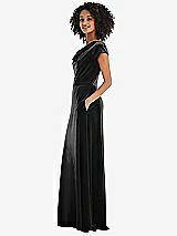 Side View Thumbnail - Black Cowl-Neck Cap Sleeve Velvet Maxi Dress with Pockets