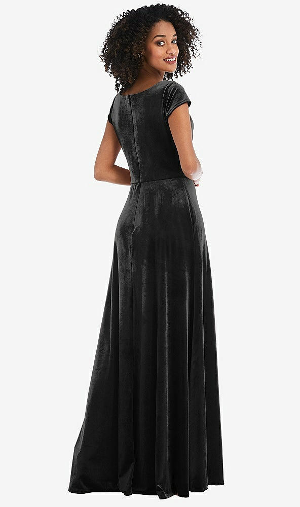 Back View - Black Cowl-Neck Cap Sleeve Velvet Maxi Dress with Pockets