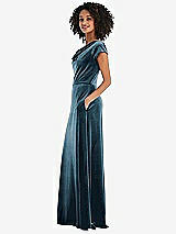 Side View Thumbnail - Dutch Blue Cowl-Neck Cap Sleeve Velvet Maxi Dress with Pockets
