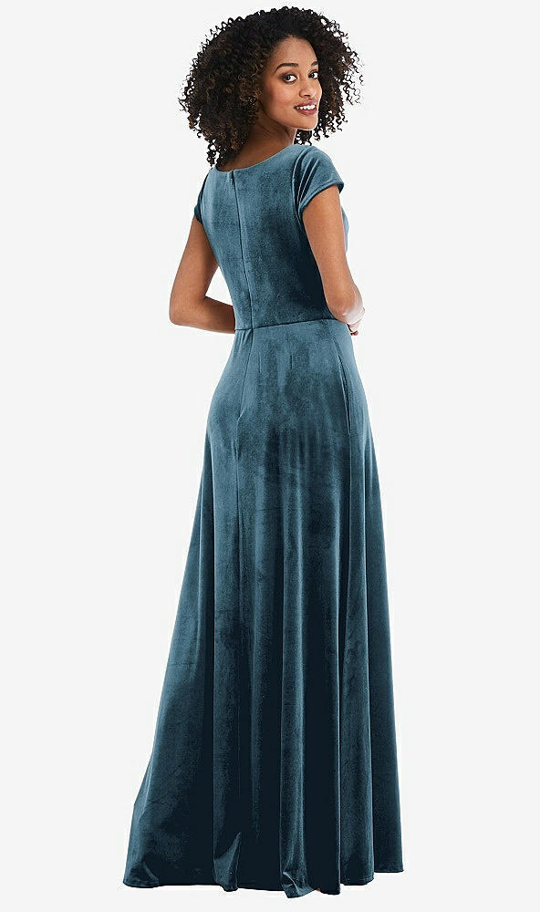 Back View - Dutch Blue Cowl-Neck Cap Sleeve Velvet Maxi Dress with Pockets