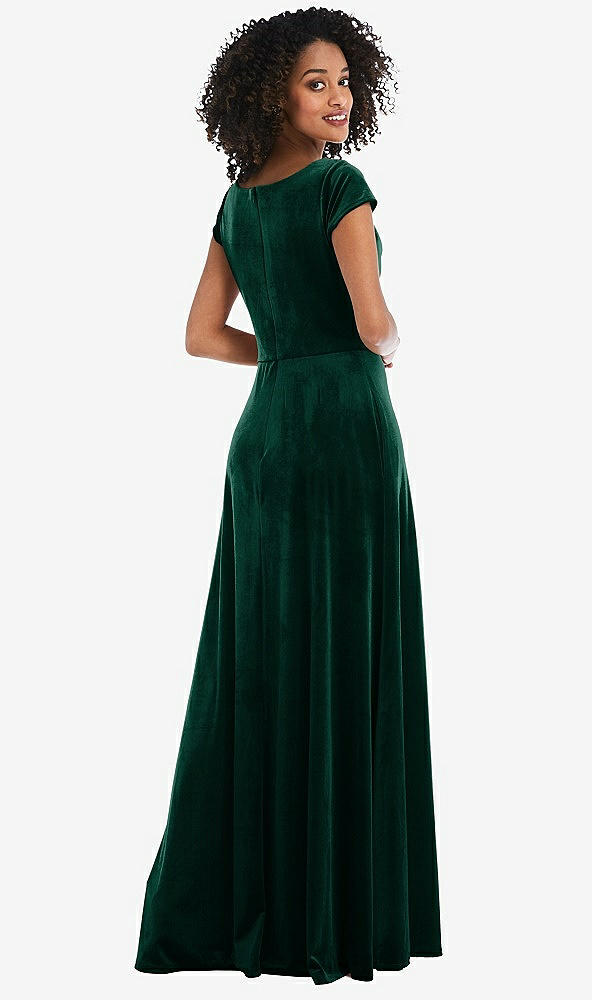 Back View - Evergreen Cowl-Neck Cap Sleeve Velvet Maxi Dress with Pockets