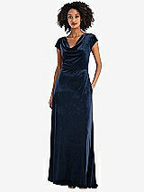 Front View Thumbnail - Midnight Navy Cowl-Neck Cap Sleeve Velvet Maxi Dress with Pockets