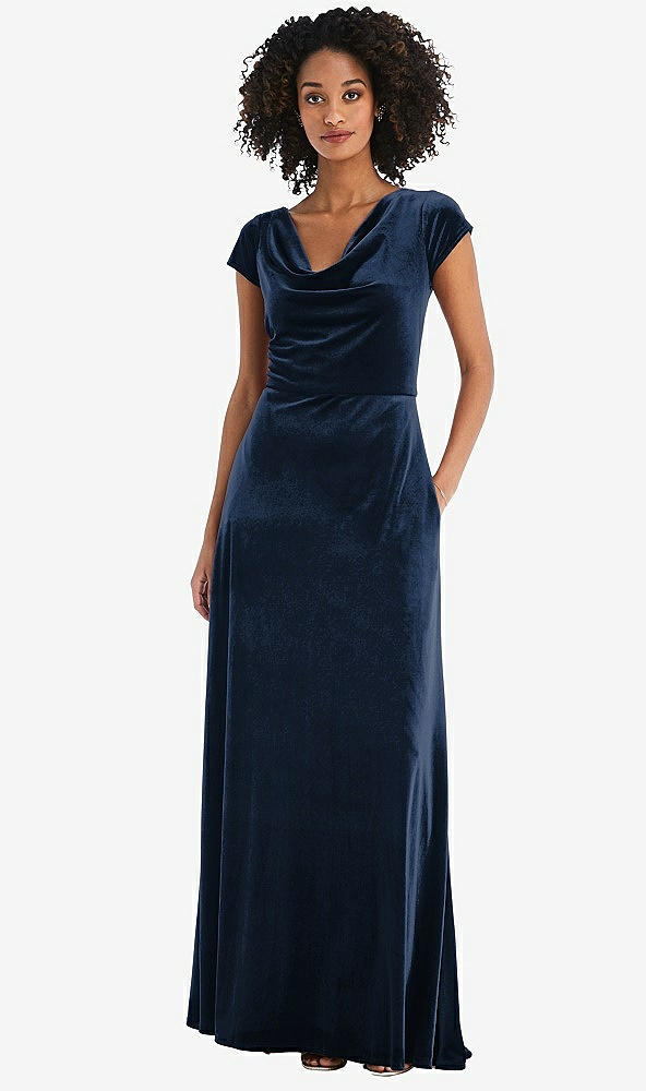 Front View - Midnight Navy Cowl-Neck Cap Sleeve Velvet Maxi Dress with Pockets