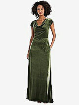 Front View Thumbnail - Olive Green Cowl-Neck Cap Sleeve Velvet Maxi Dress with Pockets