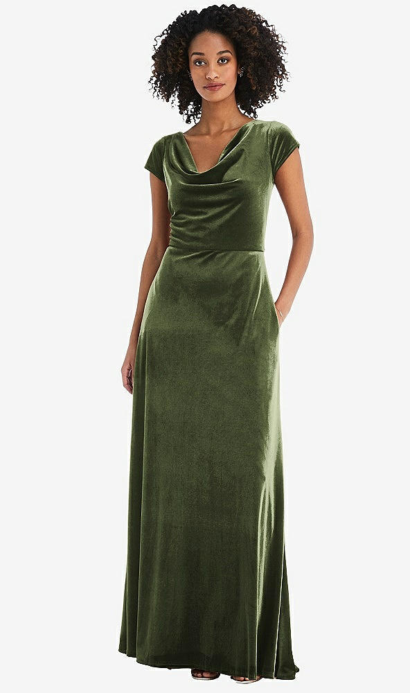 Front View - Olive Green Cowl-Neck Cap Sleeve Velvet Maxi Dress with Pockets