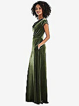 Side View Thumbnail - Olive Green Cowl-Neck Cap Sleeve Velvet Maxi Dress with Pockets
