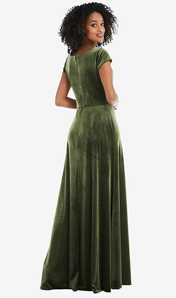 Back View - Olive Green Cowl-Neck Cap Sleeve Velvet Maxi Dress with Pockets