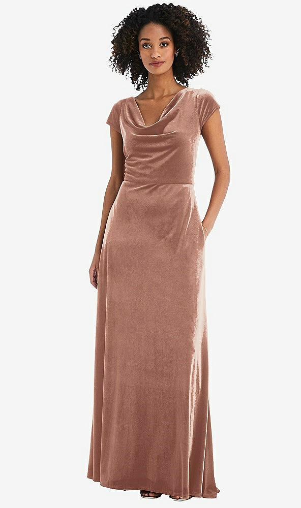 Front View - Tawny Rose Cowl-Neck Cap Sleeve Velvet Maxi Dress with Pockets