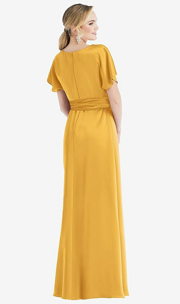 Back View - NYC Yellow Cowl-Neck Kimono Sleeve Maxi Dress with Bowed Sash