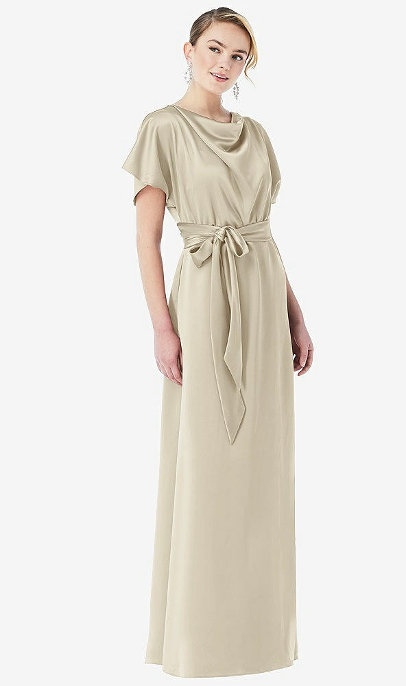 Front View - Champagne Cowl-Neck Kimono Sleeve Maxi Dress with Bowed Sash