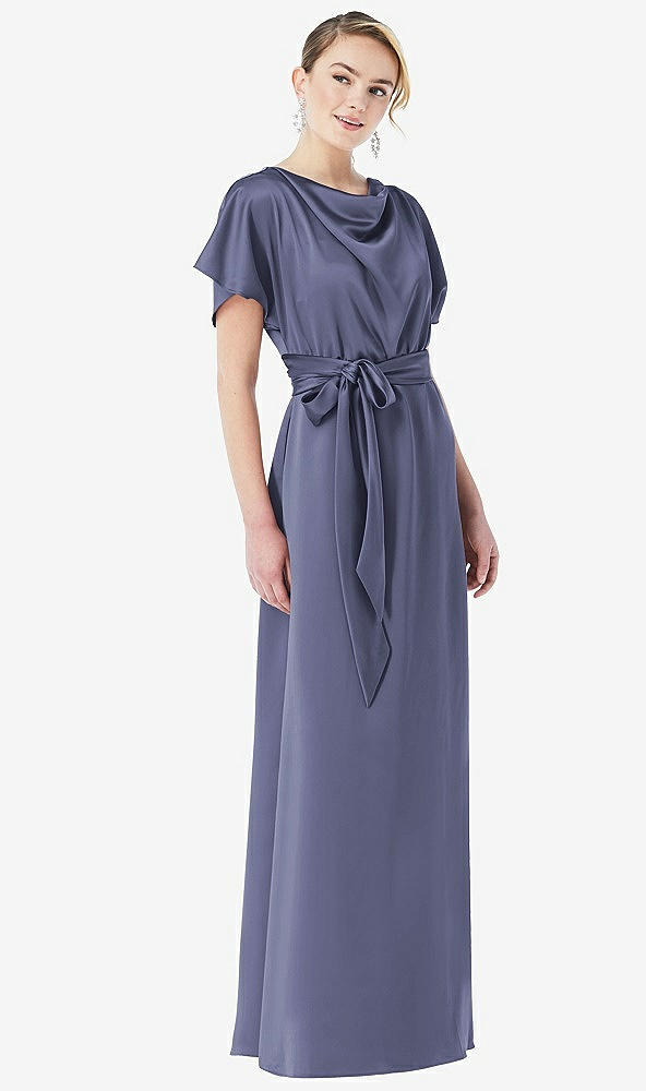 Front View - French Blue Cowl-Neck Kimono Sleeve Maxi Dress with Bowed Sash