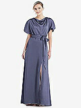 Side View Thumbnail - French Blue Cowl-Neck Kimono Sleeve Maxi Dress with Bowed Sash