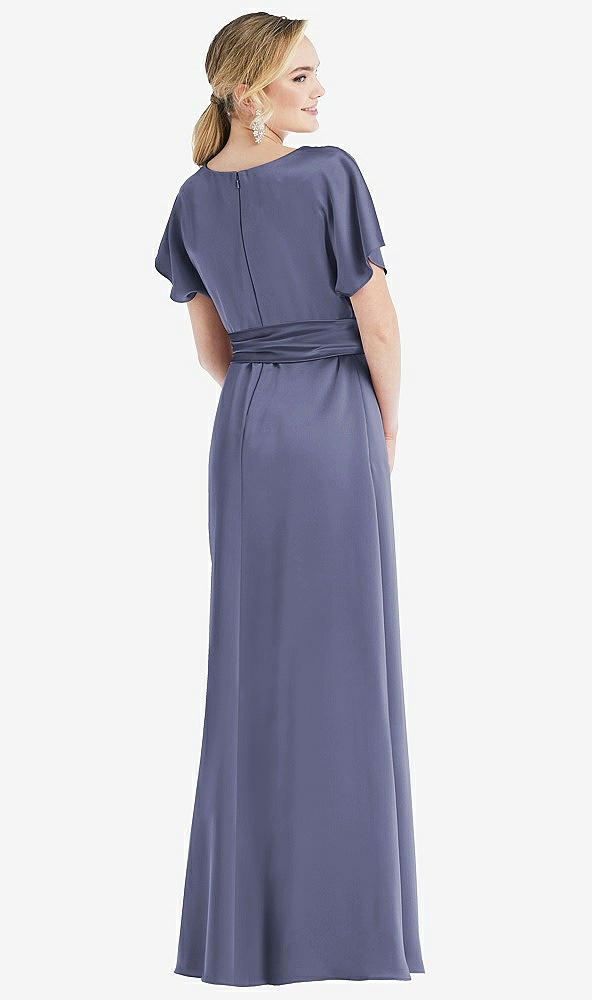 Back View - French Blue Cowl-Neck Kimono Sleeve Maxi Dress with Bowed Sash