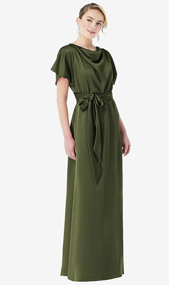 Front View - Olive Green Cowl-Neck Kimono Sleeve Maxi Dress with Bowed Sash