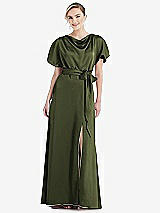 Side View Thumbnail - Olive Green Cowl-Neck Kimono Sleeve Maxi Dress with Bowed Sash