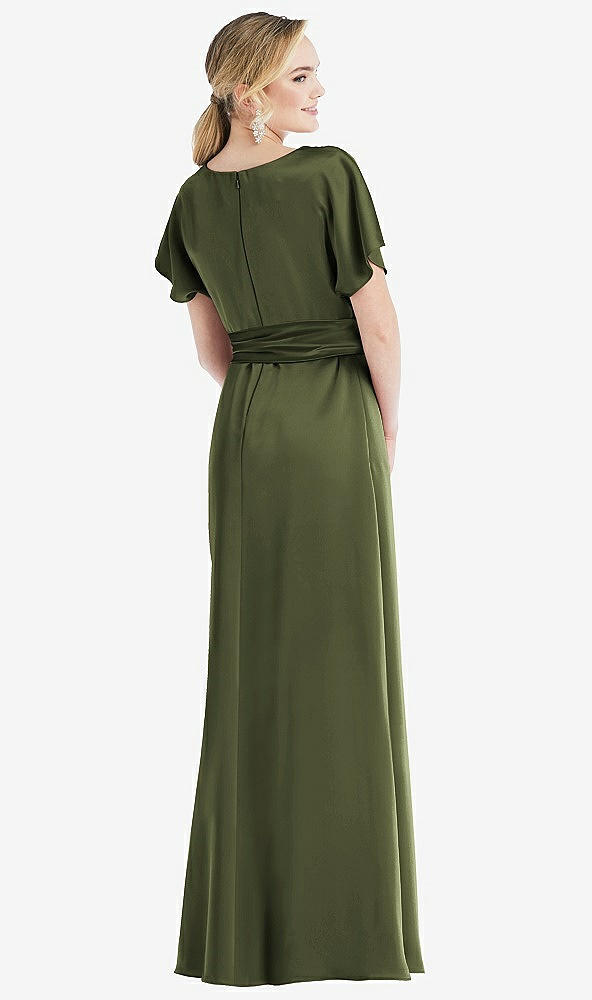 Back View - Olive Green Cowl-Neck Kimono Sleeve Maxi Dress with Bowed Sash