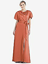 Side View Thumbnail - Terracotta Copper Cowl-Neck Kimono Sleeve Maxi Dress with Bowed Sash