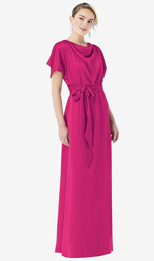 Front View - Think Pink Cowl-Neck Kimono Sleeve Maxi Dress with Bowed Sash