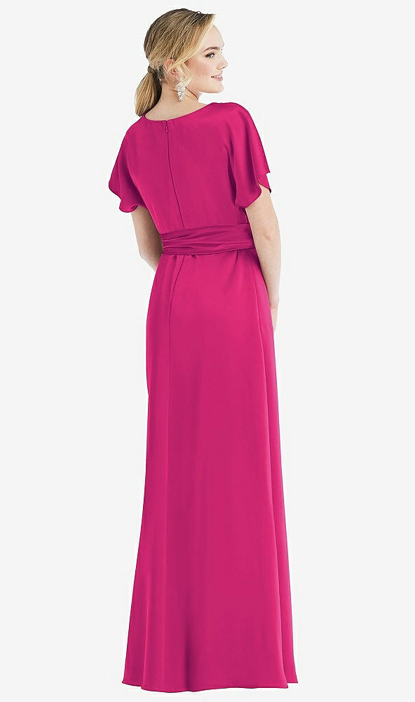 Back View - Think Pink Cowl-Neck Kimono Sleeve Maxi Dress with Bowed Sash