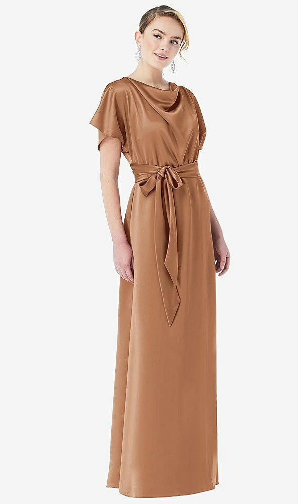 Front View - Toffee Cowl-Neck Kimono Sleeve Maxi Dress with Bowed Sash