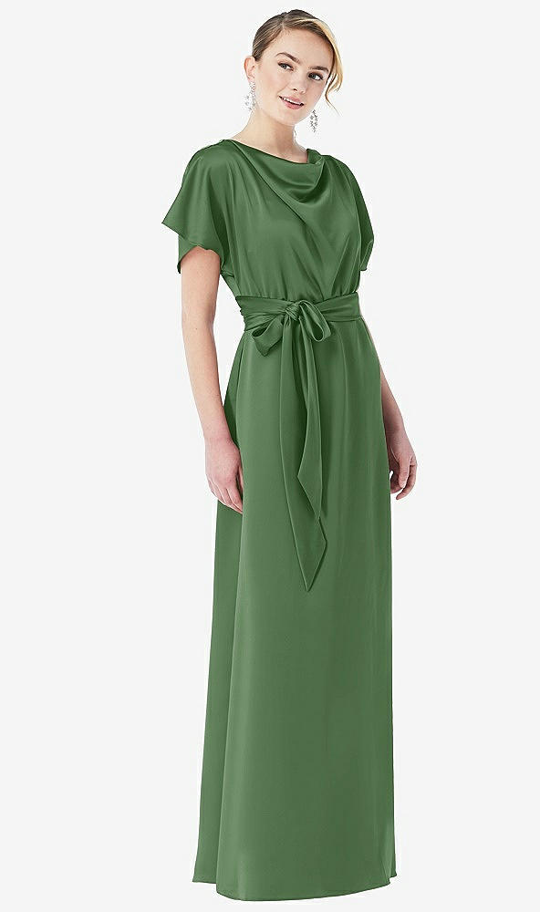 Front View - Vineyard Green Cowl-Neck Kimono Sleeve Maxi Dress with Bowed Sash