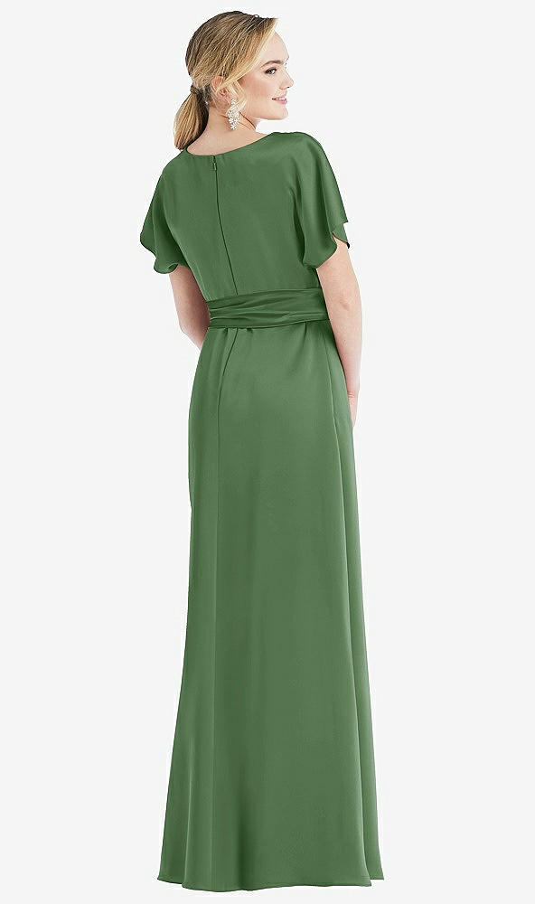 Back View - Vineyard Green Cowl-Neck Kimono Sleeve Maxi Dress with Bowed Sash