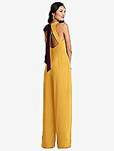 Front View Thumbnail - NYC Yellow & Cabernet Cutout Open-Back Halter Jumpsuit with Scarf Tie