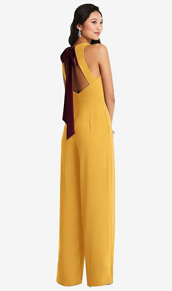 Front View - NYC Yellow & Cabernet Cutout Open-Back Halter Jumpsuit with Scarf Tie