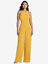 Rear View Thumbnail - NYC Yellow & Cabernet Cutout Open-Back Halter Jumpsuit with Scarf Tie