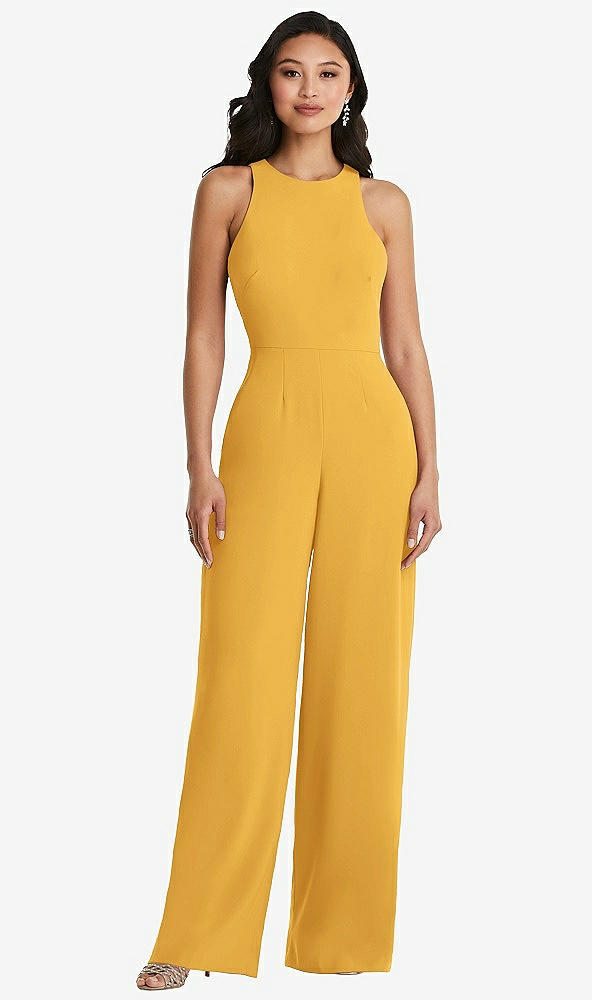 Back View - NYC Yellow & Cabernet Cutout Open-Back Halter Jumpsuit with Scarf Tie