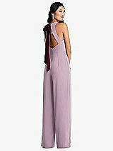 Front View Thumbnail - Suede Rose & Cabernet Cutout Open-Back Halter Jumpsuit with Scarf Tie