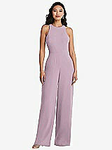 Rear View Thumbnail - Suede Rose & Cabernet Cutout Open-Back Halter Jumpsuit with Scarf Tie