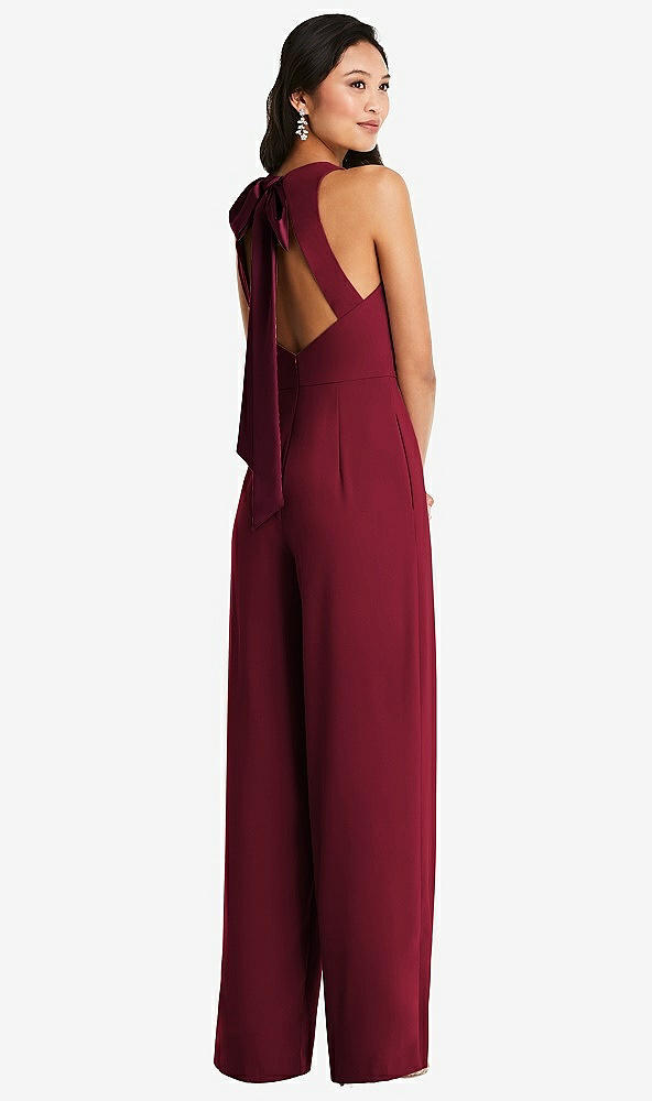 Front View - Burgundy & Cabernet Cutout Open-Back Halter Jumpsuit with Scarf Tie