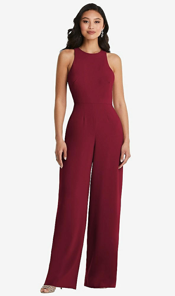 Back View - Burgundy & Cabernet Cutout Open-Back Halter Jumpsuit with Scarf Tie