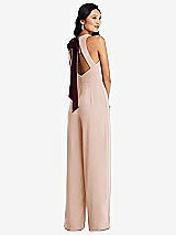 Front View Thumbnail - Cameo & Cabernet Cutout Open-Back Halter Jumpsuit with Scarf Tie