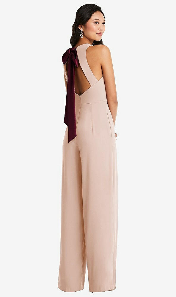 Front View - Cameo & Cabernet Cutout Open-Back Halter Jumpsuit with Scarf Tie