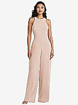 Rear View Thumbnail - Cameo & Cabernet Cutout Open-Back Halter Jumpsuit with Scarf Tie