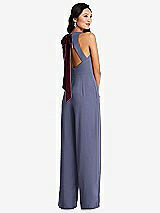 Front View Thumbnail - French Blue & Cabernet Cutout Open-Back Halter Jumpsuit with Scarf Tie