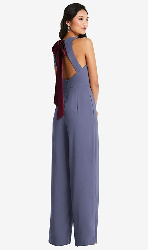 Front View - French Blue & Cabernet Cutout Open-Back Halter Jumpsuit with Scarf Tie