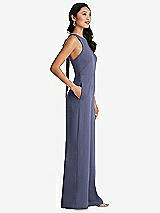 Side View Thumbnail - French Blue & Cabernet Cutout Open-Back Halter Jumpsuit with Scarf Tie