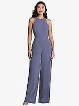 Rear View Thumbnail - French Blue & Cabernet Cutout Open-Back Halter Jumpsuit with Scarf Tie