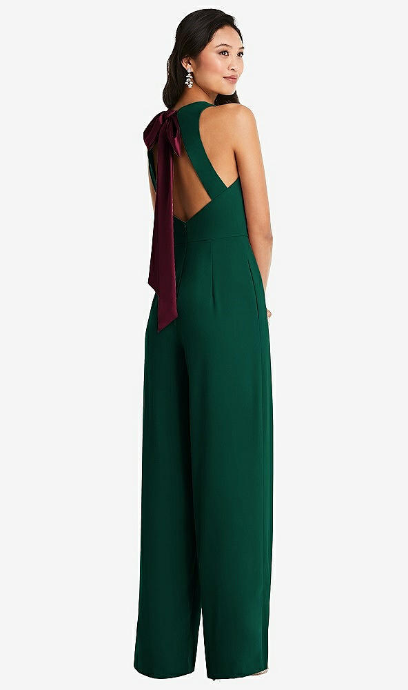 Front View - Hunter Green & Cabernet Cutout Open-Back Halter Jumpsuit with Scarf Tie