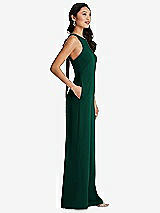 Side View Thumbnail - Hunter Green & Cabernet Cutout Open-Back Halter Jumpsuit with Scarf Tie