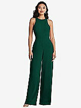 Rear View Thumbnail - Hunter Green & Cabernet Cutout Open-Back Halter Jumpsuit with Scarf Tie