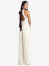 Front View Thumbnail - Ivory & Cabernet Cutout Open-Back Halter Jumpsuit with Scarf Tie