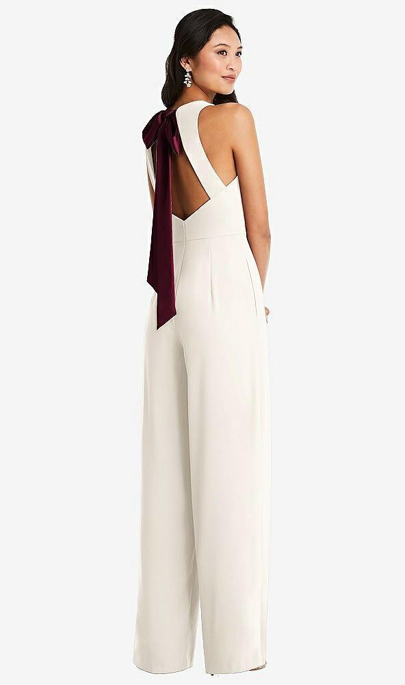 Front View - Ivory & Cabernet Cutout Open-Back Halter Jumpsuit with Scarf Tie
