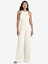 Rear View Thumbnail - Ivory & Cabernet Cutout Open-Back Halter Jumpsuit with Scarf Tie
